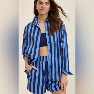 NWOT Aerie Blue Striped Button-Up Shirt and Shorts Set